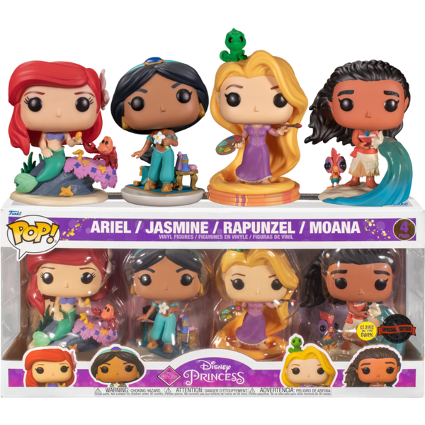 Disney Princess Ariel Jasmine Rapunzel Moana 4 Pack GITD Funko Pop